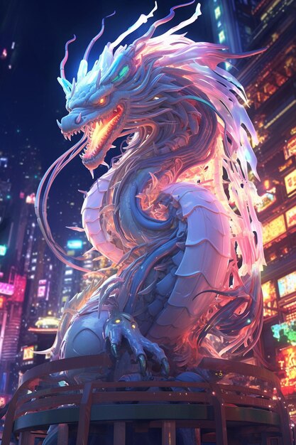 Foto un'arte concettuale 3d futuristica di un drago cinese cibernetico che tesse attraverso un paesaggio urbano illuminato al neon
