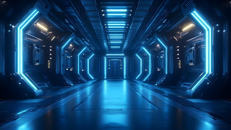 Futuristic 3D Corridor with Blue Neon Lights