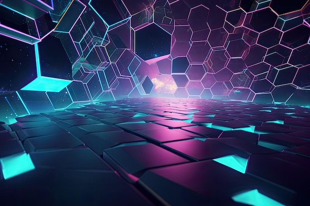 Futuristic 3D geometric shape background virtual environment filled with holographic pulsating