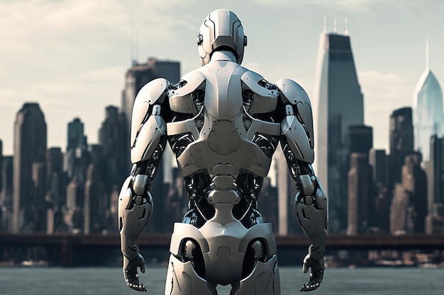 Futuristic 3D humanoid robot ,new you york city on background,Generative AI