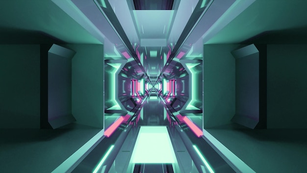 Futuristic 3d illustration of 4K UHD illuminated reflecting corridor