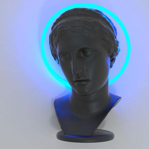 Futuristic 3d illustration of a bust sculpture with a blue neon\
halo around the head