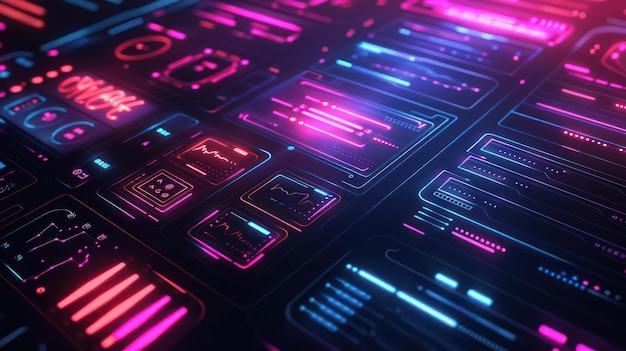 A futuristic 3d illustration of a cyberspace with glowing blue and pink panels