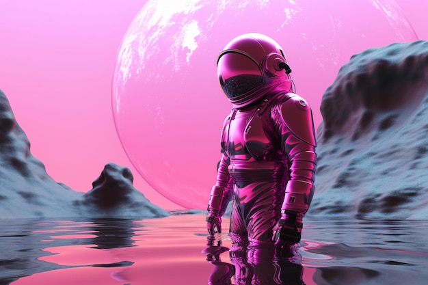 Futuristic 3D illustration of a Pink Spaceman or Astronaut with pink suit on the pink planet