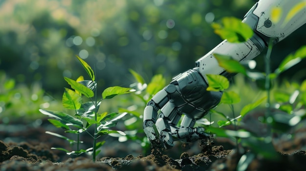 A futuristic 3D model of a robot hand planting money trees illustrating investment growth through technology advertise photo