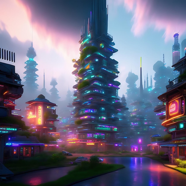Futuristic 3D Photorealistic Illustration of Neonlit Village