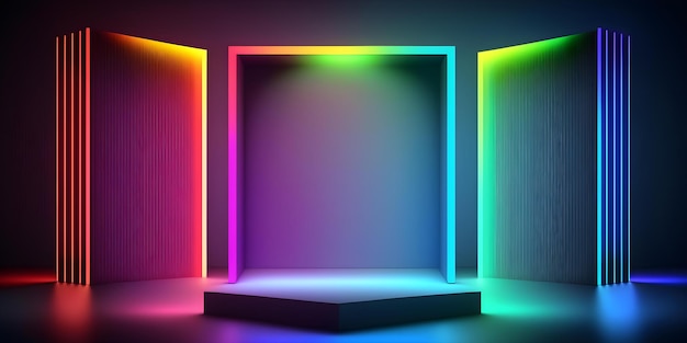 Futuristic 3D Podium with Colorful Technology Display on Neon Backdrop