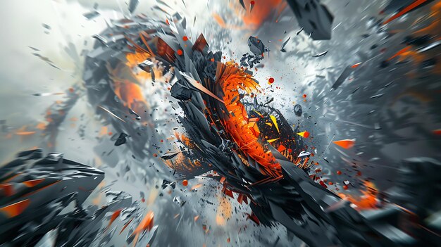 Futuristic 3D rendering of an abstract explosion The explosion is made up of geometric shapes in various shades of orange and black