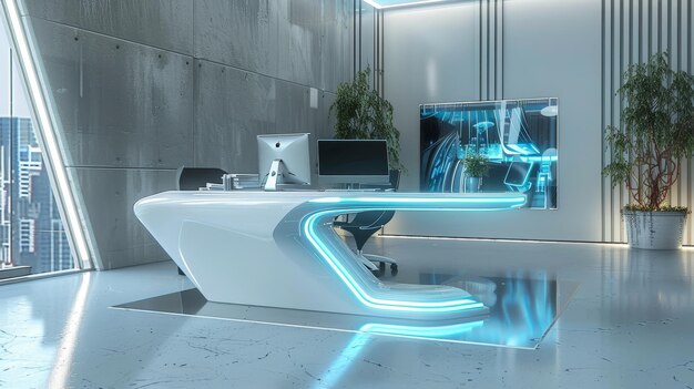 Photo a futuristic 3d rendering of a desk in a contemporary office setting ai generated illustration