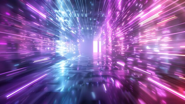 futuristic 3d white interior with neon multicolored geometric shapes and dynamic light streaks