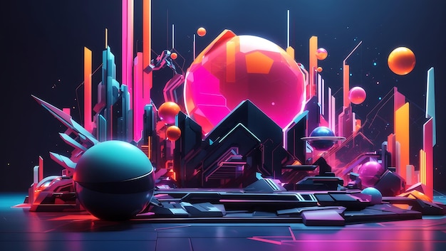 a futuristic 3D world with geometric shapes and neoncolored splashes that hint at a digital realm