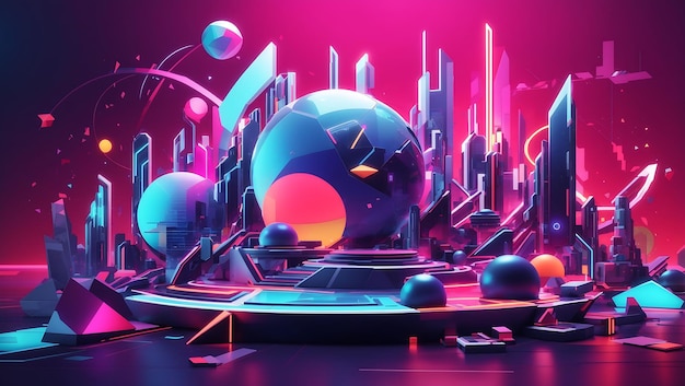 a futuristic 3D world with geometric shapes and neoncolored splashes that hint at a digital realm