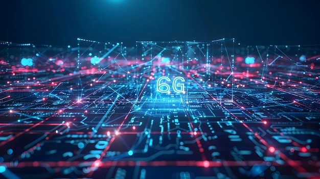 Futuristic 6G Network Map with Interconnected Nodes and HighSpeed Data Transmission