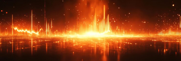 Futuristic abstract background featuring glowing waves of light and sound in a digital realm