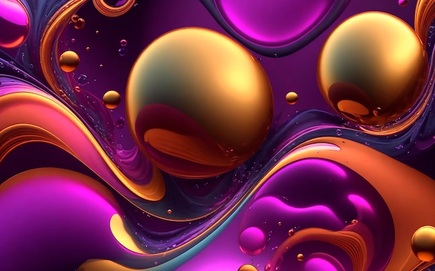 Futuristic abstract background of purple rose gold and orange color spirals and balls