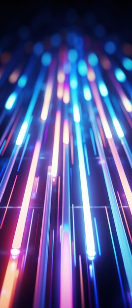 写真 高速データ転送とデジタル通信を象徴する明るい青と紫のネオンビームの未来的な抽象的な背景