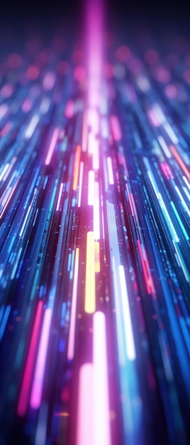 Фото Футуристический абстрактный фон с ярко-синими и фиолетовыми неоновыми лучами, символизирующими высокоскоростную передачу данных и цифровую связь
