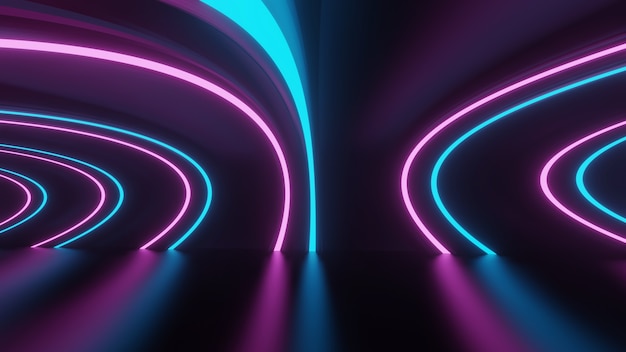 Futuristic abstract blue neon pink circle glow glow tunnel or portal frame design in dark room background with reflective floor 3d illustration