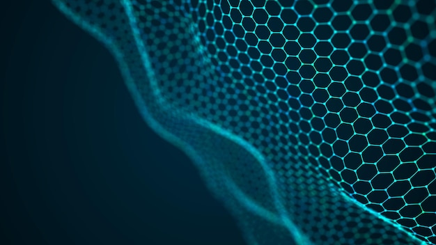 Futuristic abstract mesh Wave with the connection of dots and lines 3D rendering