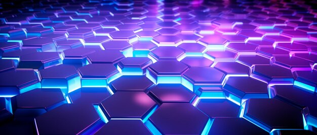 Futuristic abstract wallpaper with floating hexagonal surface in vivid purple and blue colors