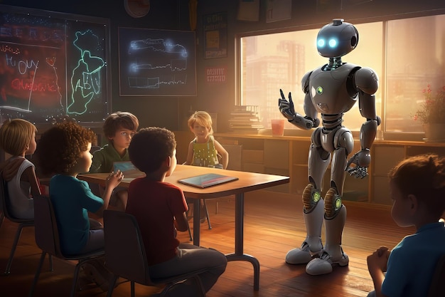 Futuristic adorable bot teaches kids with holographs and chalkboard