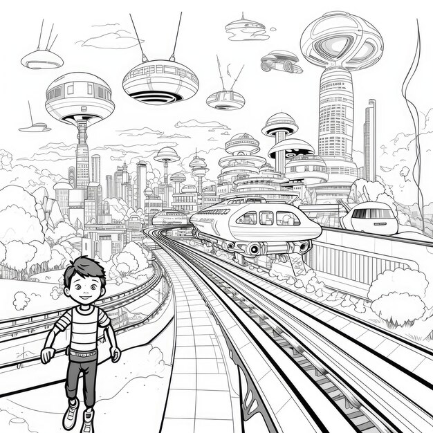 Futuristic Adventures Friends Soaring through Futuristic Highways and Trains in a Kid's Coloring Bo