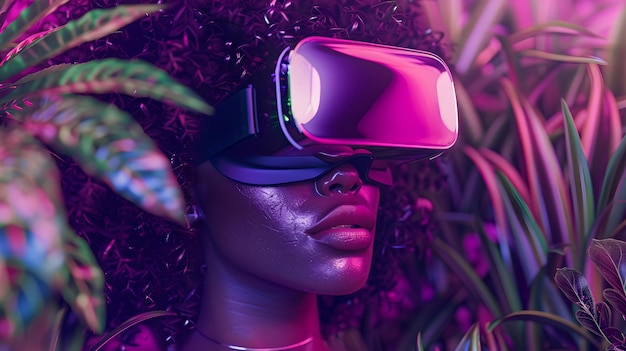 미래의 아프로 여성은 네온 정글에서 가상 현실을 경험합니다. 세련된 VR 헤드, 생생한 색상, 현대 엔터테인먼트 기술, AI.