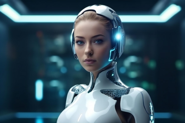 Futuristic AI Android robot Beautiful female woman cyborg generative AI