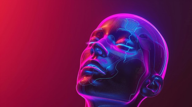 Photo futuristic ai female robot in neon colors drendered human head on a gradient background virtual