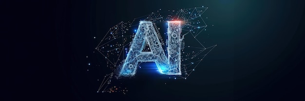 Futuristic AI lettering in a digital and networked design with glowing nodes and dark background