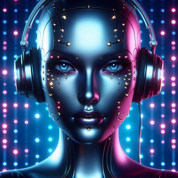 Futuristic AI in Neon Lights Woman Robot with Headphones AI Generated