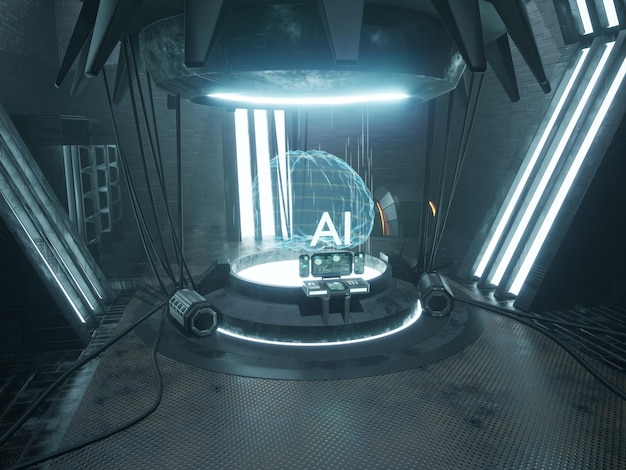Futuristic AI neural network, machine deep learning with AI brain concept. Artificial intelligence disruptive technology with dataset and internet of things. 3d render animation.