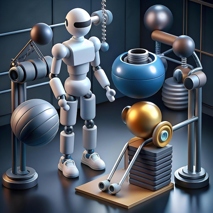 Photo a futuristic ai personal trainer guides a user through a workout session with a variety of high tech equipment