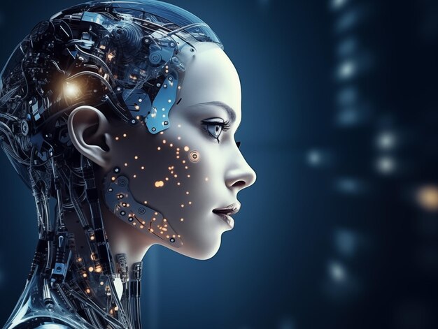 Photo futuristic ai portrait young ciborg woman with profile view ai concept