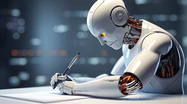 Futuristic Ai Robot Holding pen and writing or signing