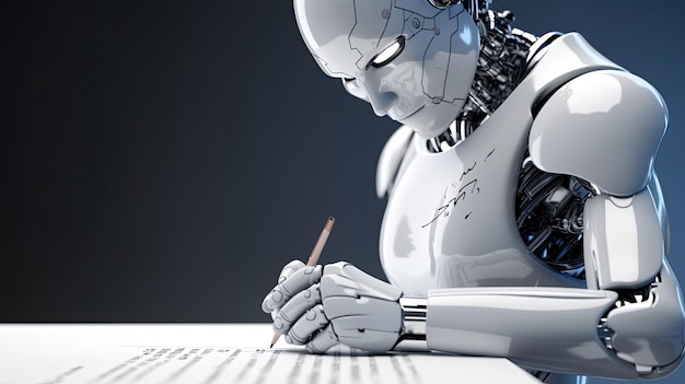 Futuristic Ai Robot Holding pen and writing or signing