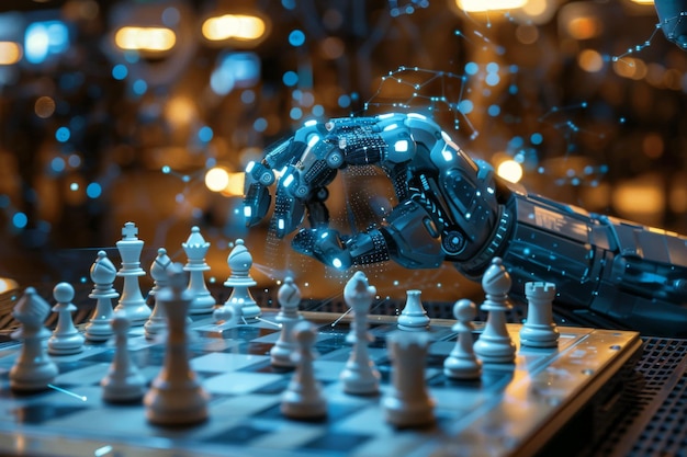 Foto futuristico braccio robotico che gioca a scacchi che simboleggia strategia e intelligenza