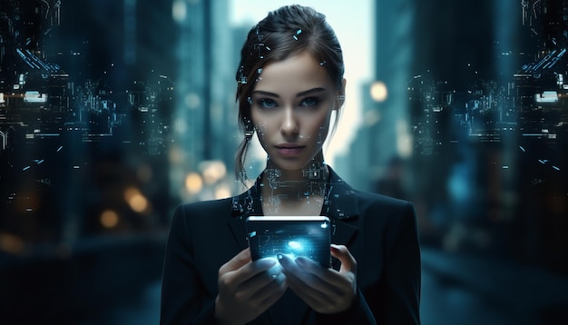 Futuristic AI Technology Concept Businesswoman Holding Smartphone with Robotic Motifs in Dark Black and Light Azure