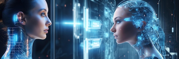 Futuristic AI Womans Robot with Touch Technology Interface AI generated