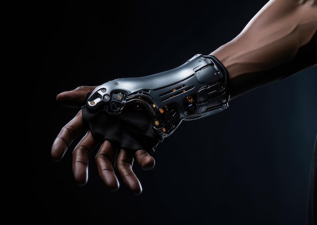 Premium Photo  A futuristic composition featuring a metallic robot hand  reaching out towards the viewer against a