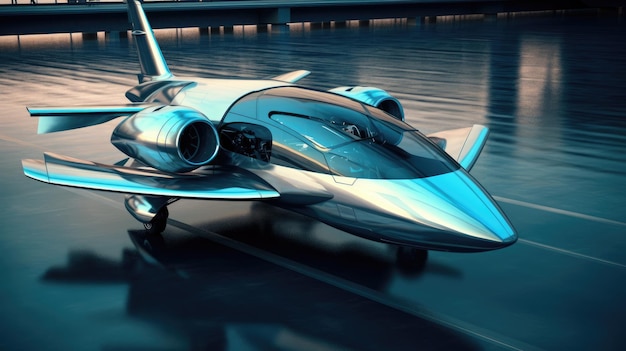 A futuristic airplane is on a runway with the word air on it.