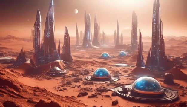 Photo futuristic alien cityscape on marslike planet