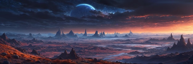 A futuristic alien landscape unearthly planet with a mountains night sky filled with stars and clouds