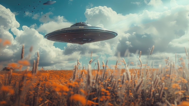 Foto un'astronave aliena futuristica che vola sopra un colorato campo di fiori adatta a progetti a tema sci-fi o fantasy