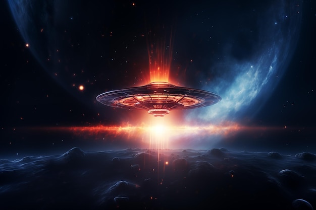 Futuristic alien spaceship traveling in the Universe Plasma eruption By generate Ai