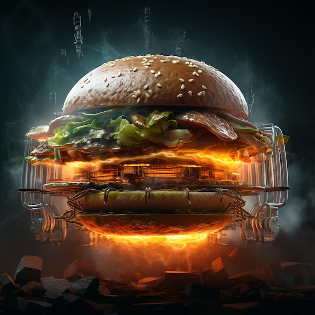 Фото Острый гамбургер в стиле футуристического и неонового света, созданный искусственным интеллектом