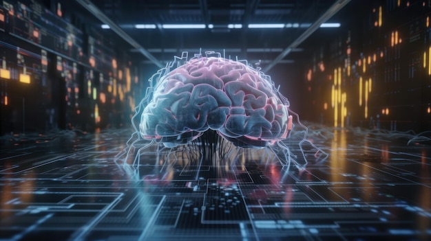 Futuristic android brain on circuit board background symbolizing the concept of AI AI is Generative machine intelligence