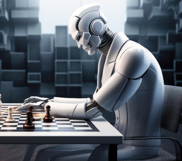 Футуристический андроид-робот, играющий в шахматы