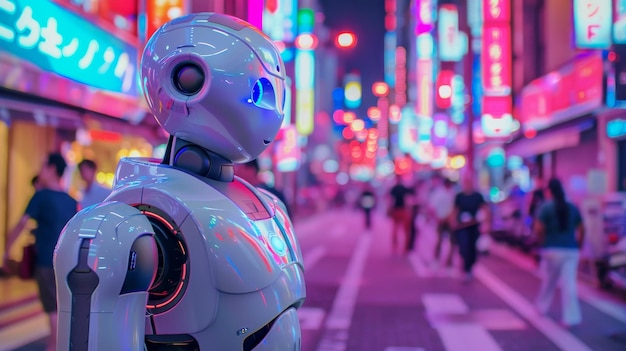 Футуристический андроид-робот с светящимися глазами на ночных городских огнях