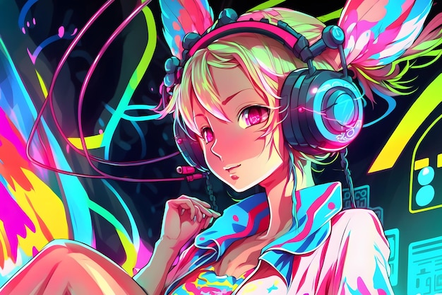 Futuristic anime style girl listening to music with headphones Neural network AI generated